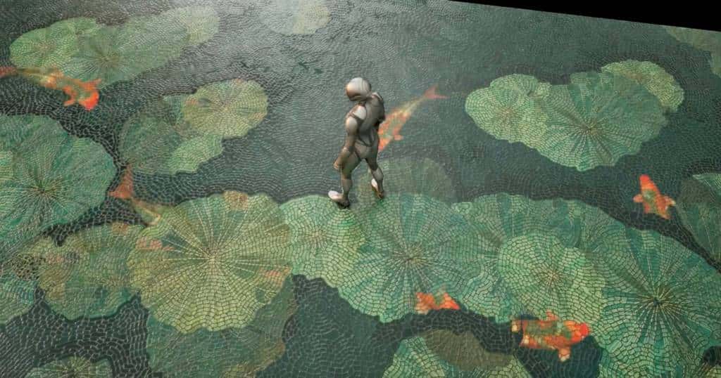 Como um shader procedural cria um lago animado com carpas e mosaicos